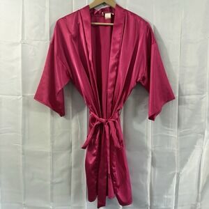 Vintage Y2K Kimono Short Hot Pink Satin Robe M Sexy Intimate Tie Loungewear